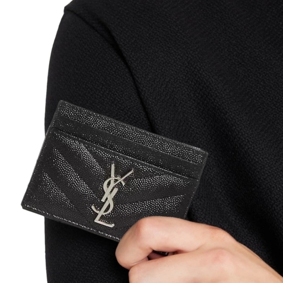 Brand New! YSL SAINT LAURENT Cassandre Credit Card Case Black w/ SILVER Hardware - Picture 1 of 8